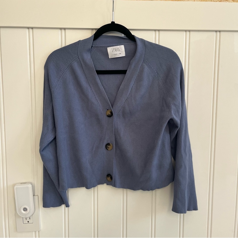 Zara Blue Cardigan Sweater V-Neck Cropped